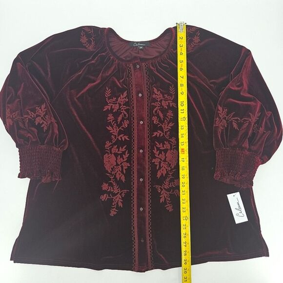 Calessa Button Up Down Shirt Womens Size 3X Red Floral Embroidered Velvet Boho - Picture 6 of 8